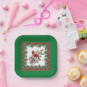 Rote Mockingbird Poinsettia Grenzen Grün Pappteller (Party)