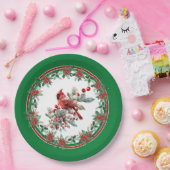 Rote Mockingbird Poinsettia Grenzen Grün Pappteller (Party)