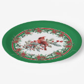 Rote Mockingbird Poinsettia Grenzen Grün Pappteller (Schrägansicht)