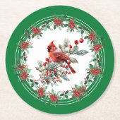 Rote Mockingbird Poinsettia Grenzen Grün Runder Pappuntersetzer (Vorderseite)