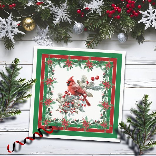 Rote Mockingbird Poinsettia Grenzen Grün Serviette