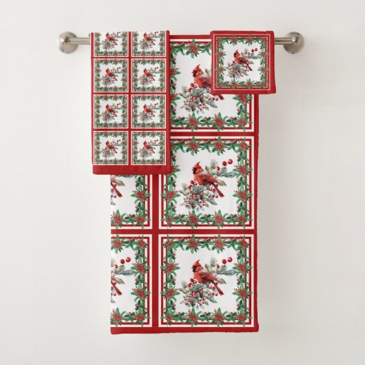 Rote Mockingbird Poinsettia Grenzen Rot Badhandtuch Set (Insitu)