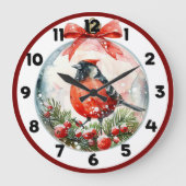 Rote Mockingbird Winterlandschaft Große Wanduhr (Vorderseite)
