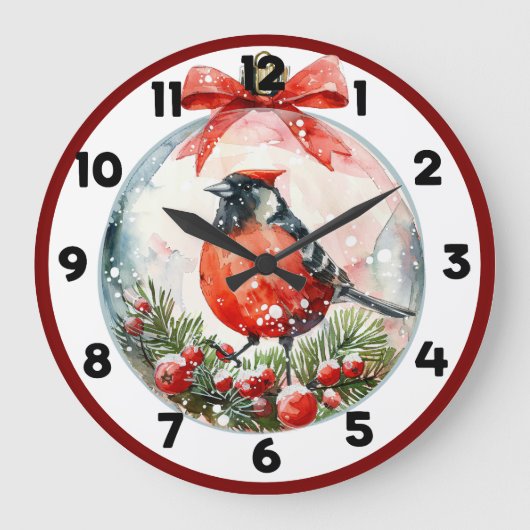 Rote Mockingbird Winterlandschaft Große Wanduhr (Vorderseite)