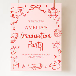 Rote moderne handgezeichnete Willkommensparty zum Poster