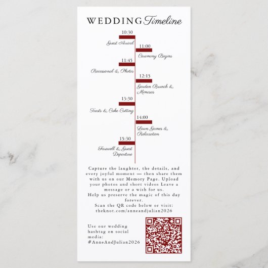 Rote moderne Hochzeits-Zeitplan und Party-QR-Code Programm (Rückseite)