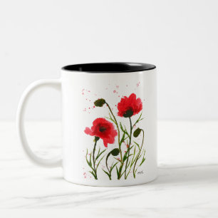 Rote Mohn Blume Aquarellfarben rustikaler Chic Zweifarbige Tasse