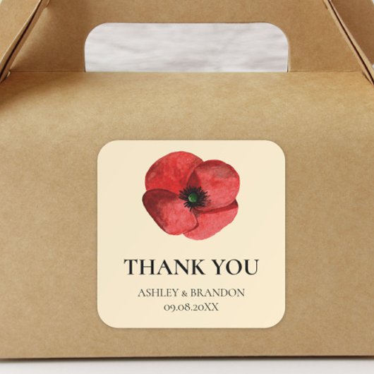 Rote Mohn-Blumen-Hochzeit-Danke Quadratischer Aufkleber