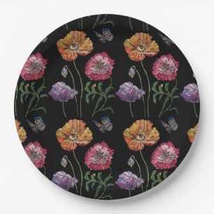 Rote Mohn dunkle Blumen Muster Papier Party Teller