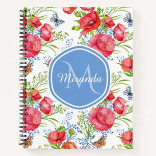 Rote Mohn-Schmetterling-Monogramm-Name Notizbuch
