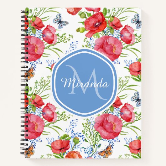 Rote Mohn-Schmetterling-Monogramm-Name Notizbuch (Vorderseite)