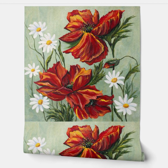 Rote Mohn- und Gänseblümchen-Blumenwallpaper Tapete (Abrollen)