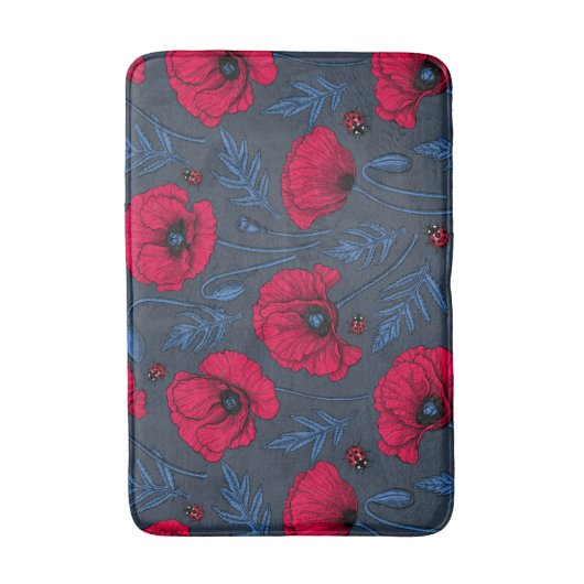 Rote Mohn und Ladybugs auf dunkelblau Badematte (Vorderseite Vertikal)