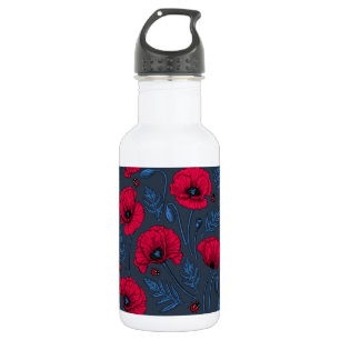 Rote Mohn und Ladybugs auf dunkelblau Edelstahlflasche