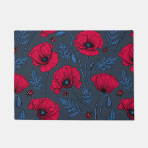 Rote Mohn und Ladybugs auf dunkelblau Fußmatte