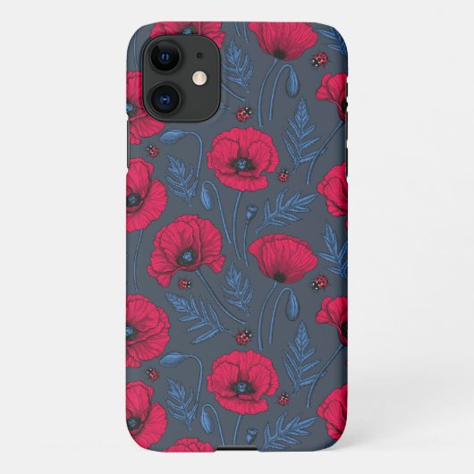 Rote Mohn und Ladybugs auf dunkelblau iPhone Hülle (Rückseite)