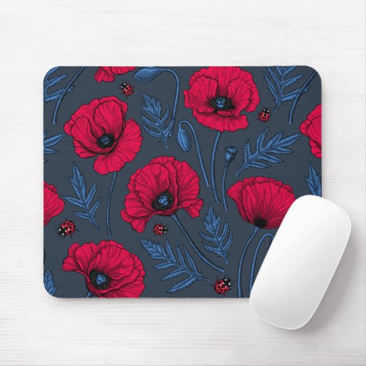 Rote Mohn und Ladybugs auf dunkelblau Mousepad (Mit Mouse)
