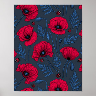 Rote Mohn und Ladybugs auf dunkelblau Poster