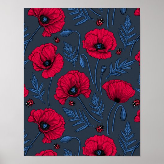Rote Mohn und Ladybugs auf dunkelblau Poster (Vorne)
