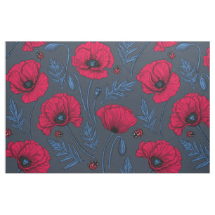 Rote Mohn und Ladybugs auf dunkelblau Stoff