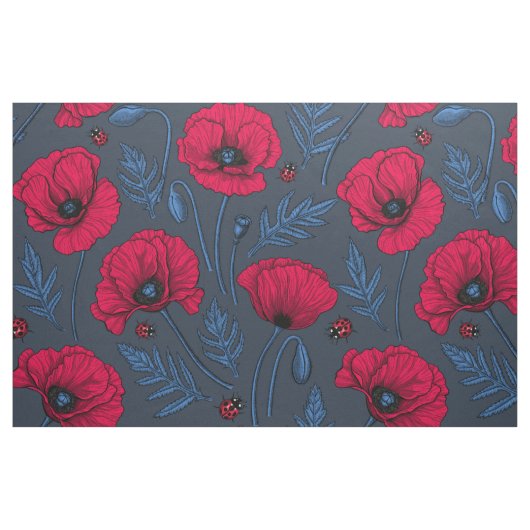 Rote Mohn und Ladybugs auf dunkelblau Stoff (Fat Quarter (45,7 x 55,9 cm))