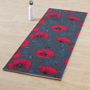 Rote Mohn und Ladybugs auf dunkelblau Yogamatte