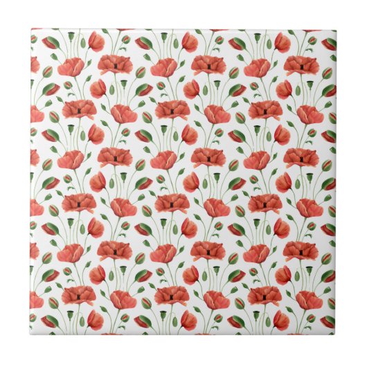 Rote Mohn-Wasserfarbe-Wildblumen-Keramik Fliese (Vorderseite)