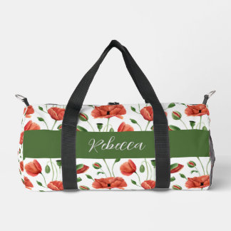 Rote Mohn-Wasserfarbe-Wildblumen-Monogramm Duffle Bag