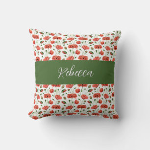 Rote Mohn-Wasserfarbe-Wildblumen-Monogramm-Name Kissen