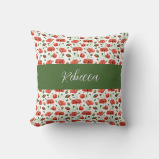 Rote Mohn-Wasserfarbe-Wildblumen-Monogramm-Name Kissen