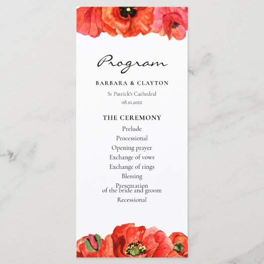 Rote Mohn-Wasserfarben-Hochzeit Programm (Vorderseite)