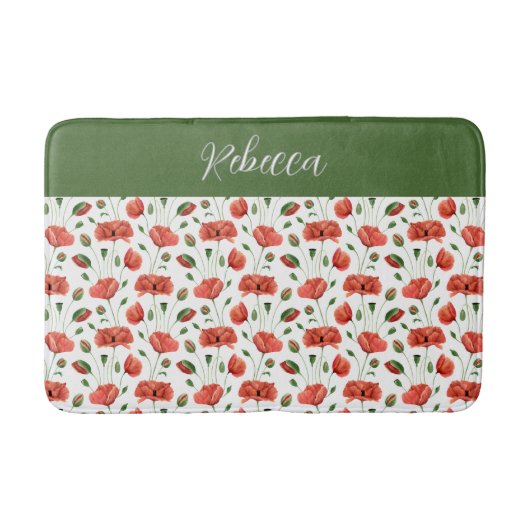 Rote Mohn-Wasserfarben-Wildblumen-Monogramm Badematte (Vorderseite)