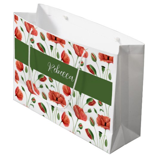 Rote Mohn-Wildblumen-Wasserfarbe-Monogramm-Name Große Geschenktüte (Vorderseite Schrägansicht)