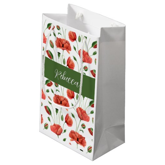Rote Mohn-Wildblumen-Wasserfarbe-Monogramm-Name Kleine Geschenktüte (Rückseite Schrägansicht)