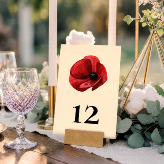 Rote Mohn-Wildblumengarten-Blumenhochzeit Tischnummer