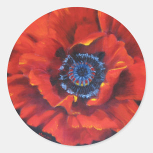 Rote Mohnblume auf schwarzen Aufklebern Runder Aufkleber
