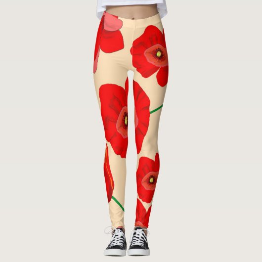 Rote Mohnblume Blume auf Beige Hintergrundbild Leggings (Vorderseite)
