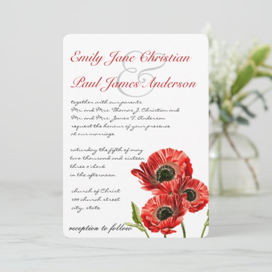 Rote Mohnblume Blume Einladung Hochzeit (Stehend Vorderseite)