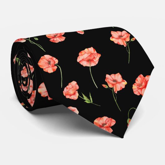 Rote Mohnblume Blume Floral Black Krawatte (Gerollt)