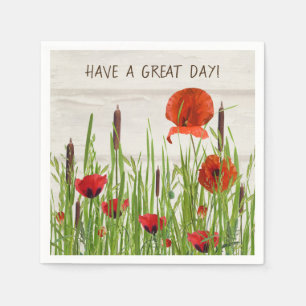 rote Mohnblume Blumen und Cattails Serviette