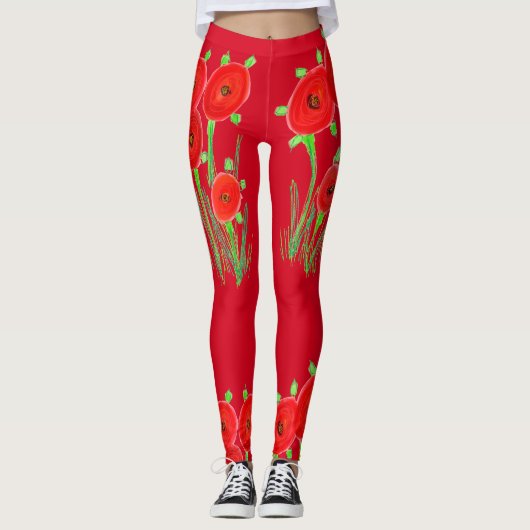 Rote Mohnblume Leggings (Vorderseite)