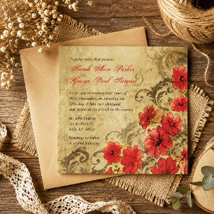 Rote Mohnblume mit floristischen Verzierungen Vint Einladung