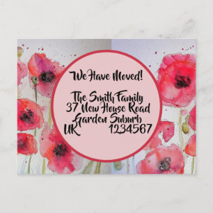 Rote Mohnblume Neue Adresse Postkarte, Wir ziehen Postkarte