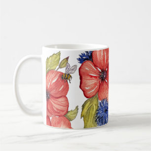 Rote Mohnblume und Blaue Kornblume Aquarell Kaffeetasse