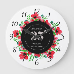 Rote Mohnblumen 25. Hochzeitstag Große Wanduhr