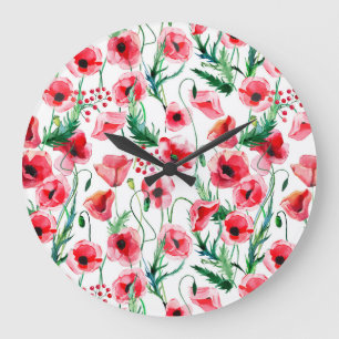 Rote Mohnblumen: Aquarell-Blumenillustration Große Wanduhr