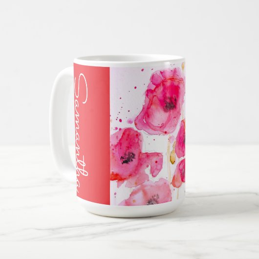 Rote Mohnblumen-Aquarell-Frauenname Kaffeetasse (Vorderseite Links)