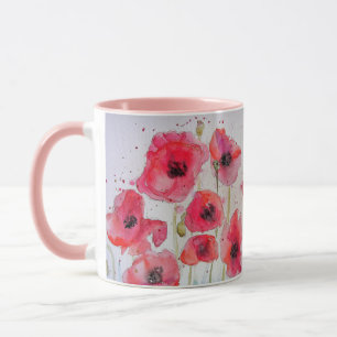 Rote Mohnblumen Aquarell-Malerei Tasse Pink
