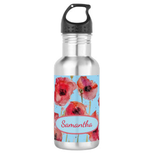 Rote Mohnblumen Aquarell-Mohnblumenkunst Anpassbar Edelstahlflasche