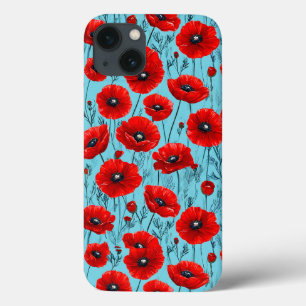Rote Mohnblumen auf blauem Hintergrund Case-Mate iPhone Hülle